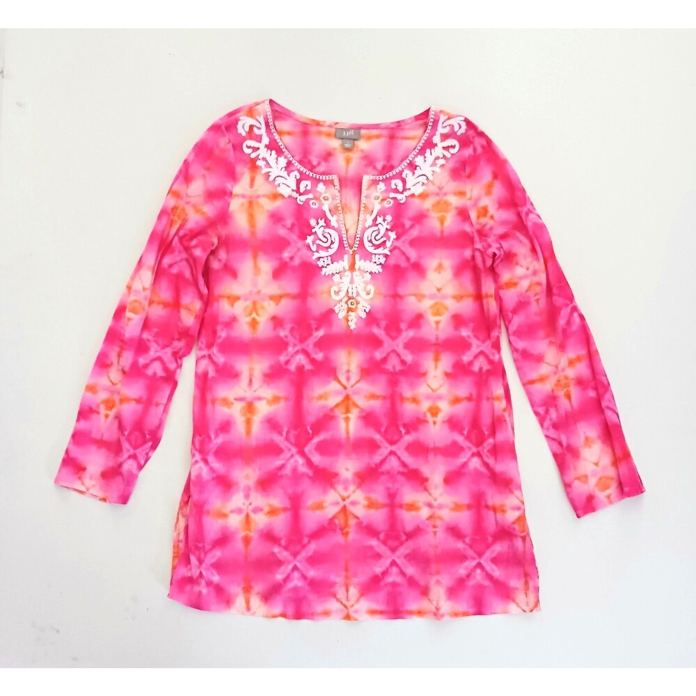 J Jill Tunic Top Hot Pink Orange White Beaded Embroidered V Neckline Sz S